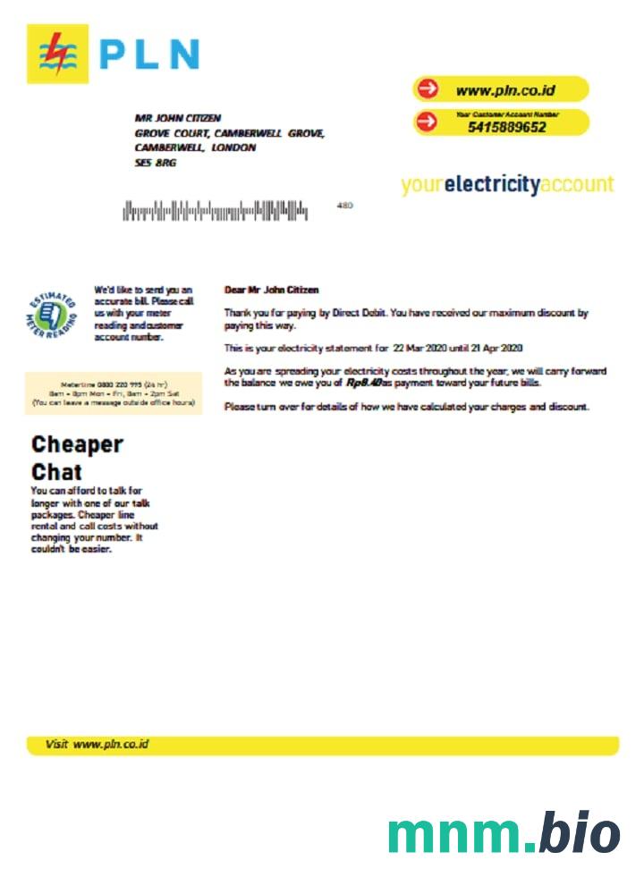 Indonezja PLN szablon rachunku za energię elektryczną w formacie Word i PDF